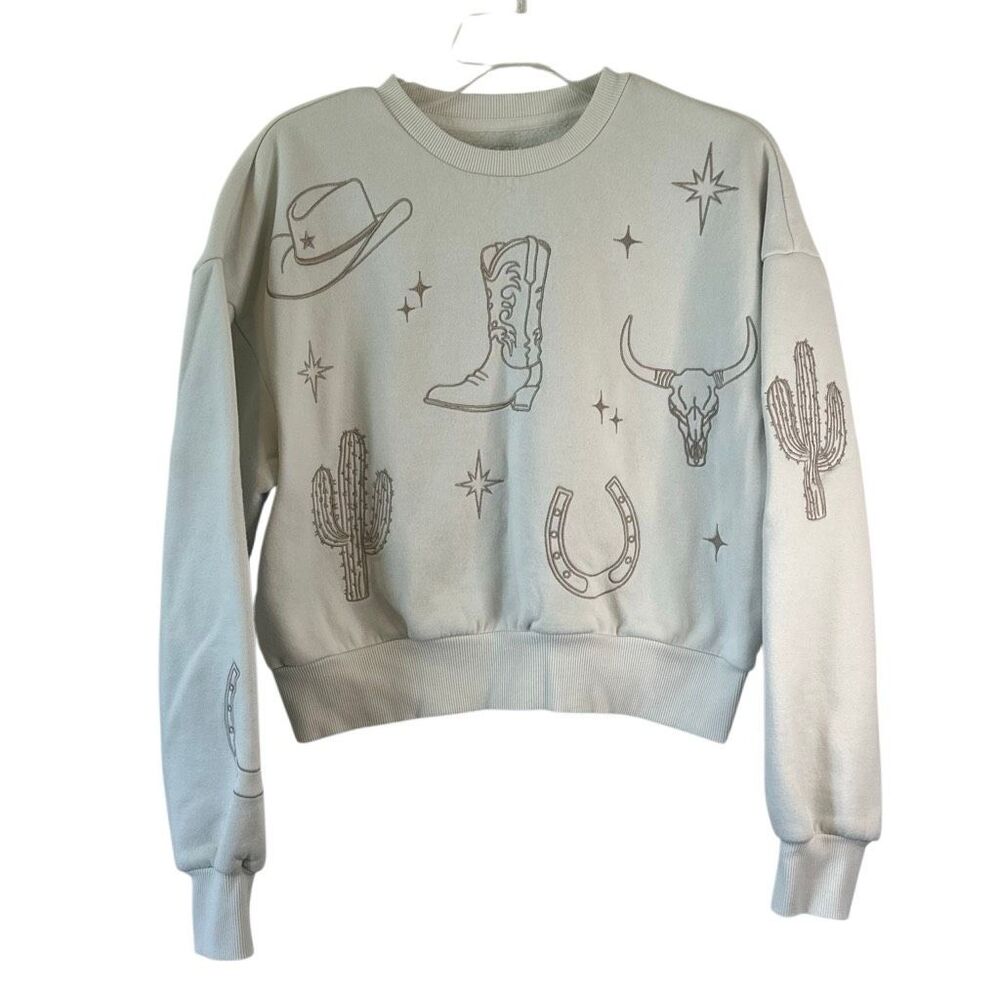 Cotton Essentials Creme Cowgirl Western cropped Embroidered Sweatshirt M